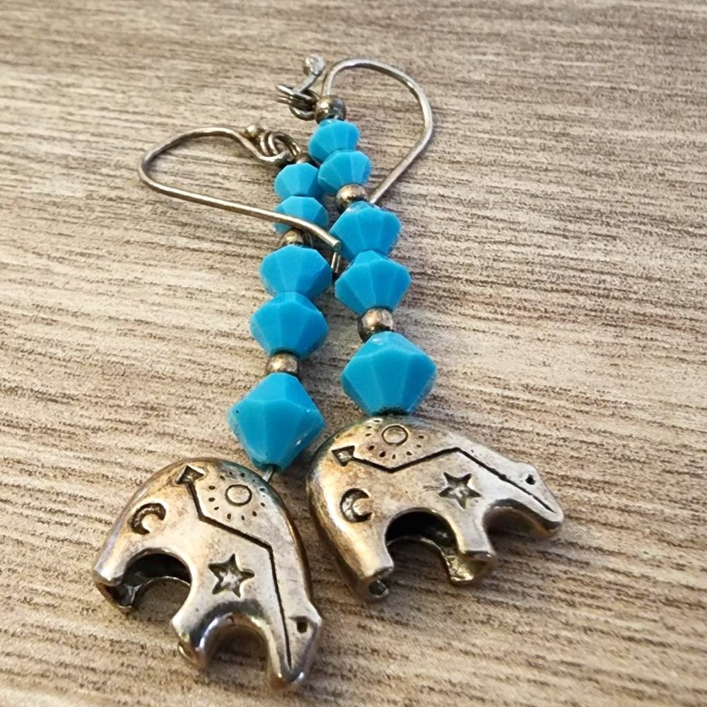Celestial astrological bear silver and blue glass bead earrings.